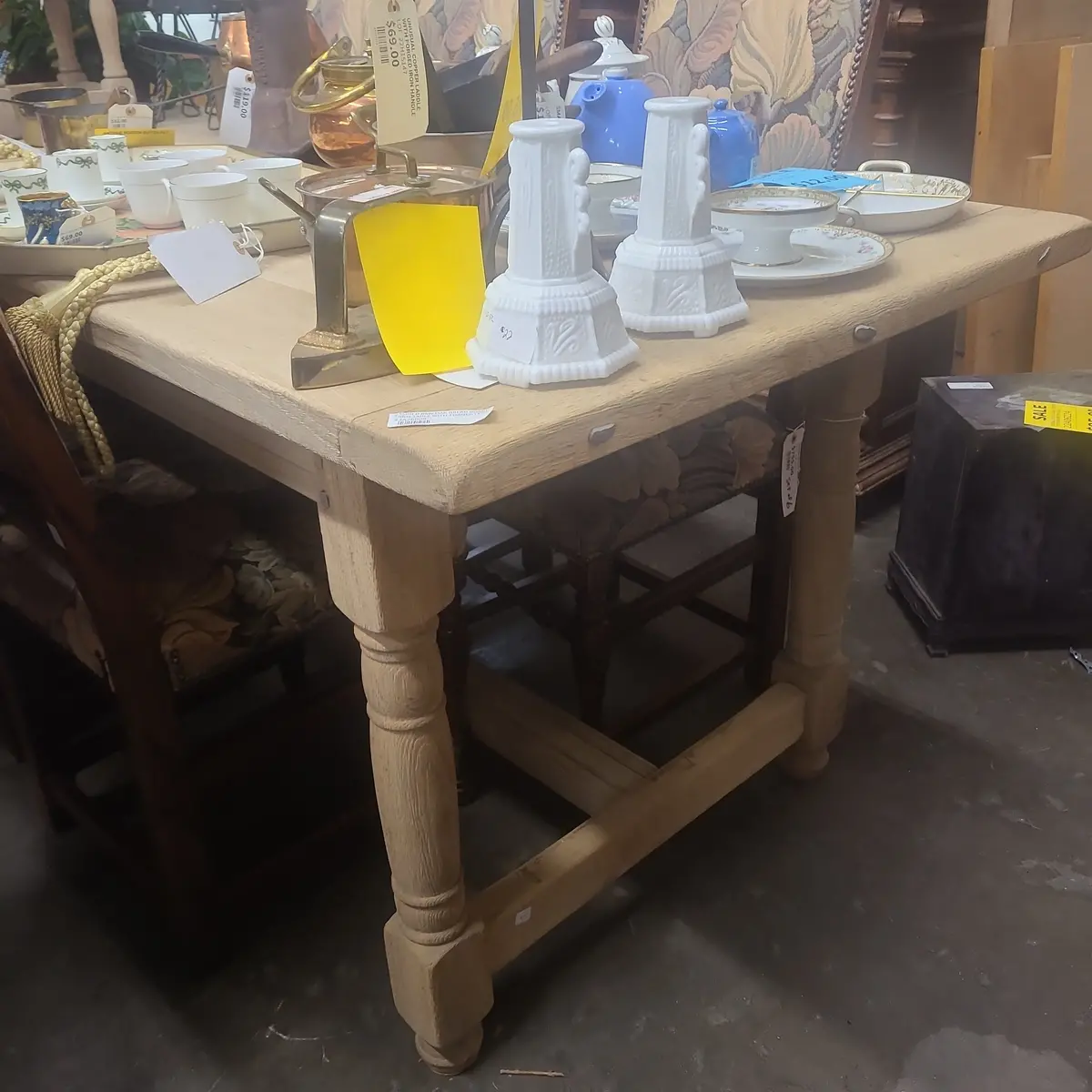 Pegged Raw Oak Bread Board Farm Table With Turned Legs 1