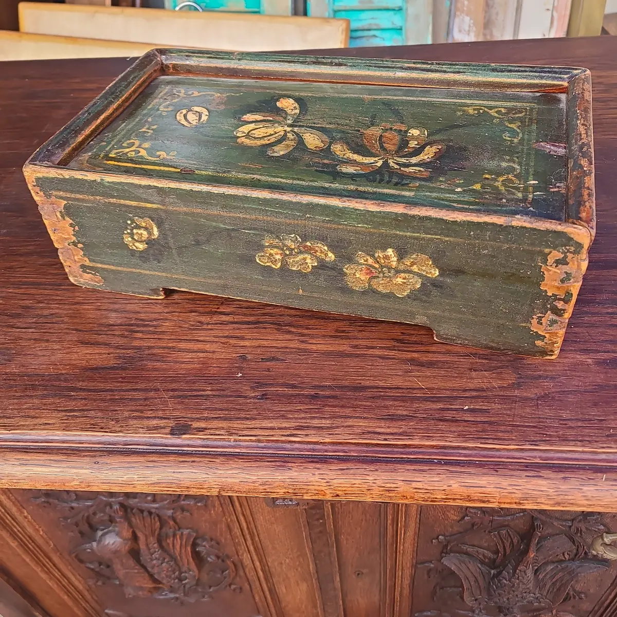 19Th Century Green Painted Box With Sliding Lid 3397 1