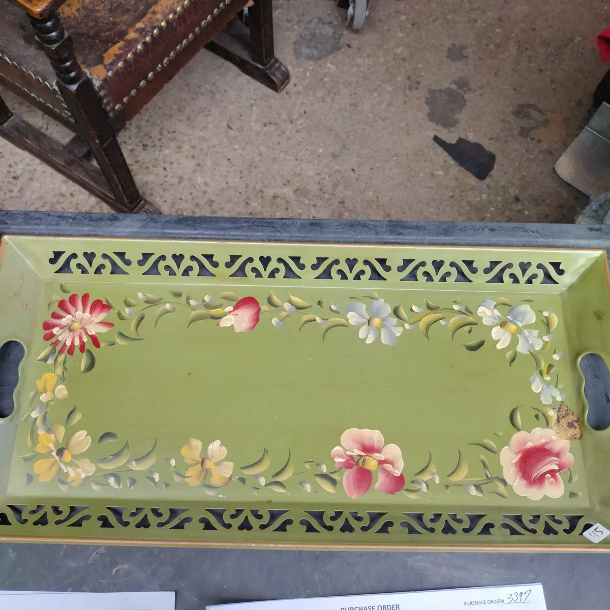 Green Floral Rectangular Tole Tray-As Found 1