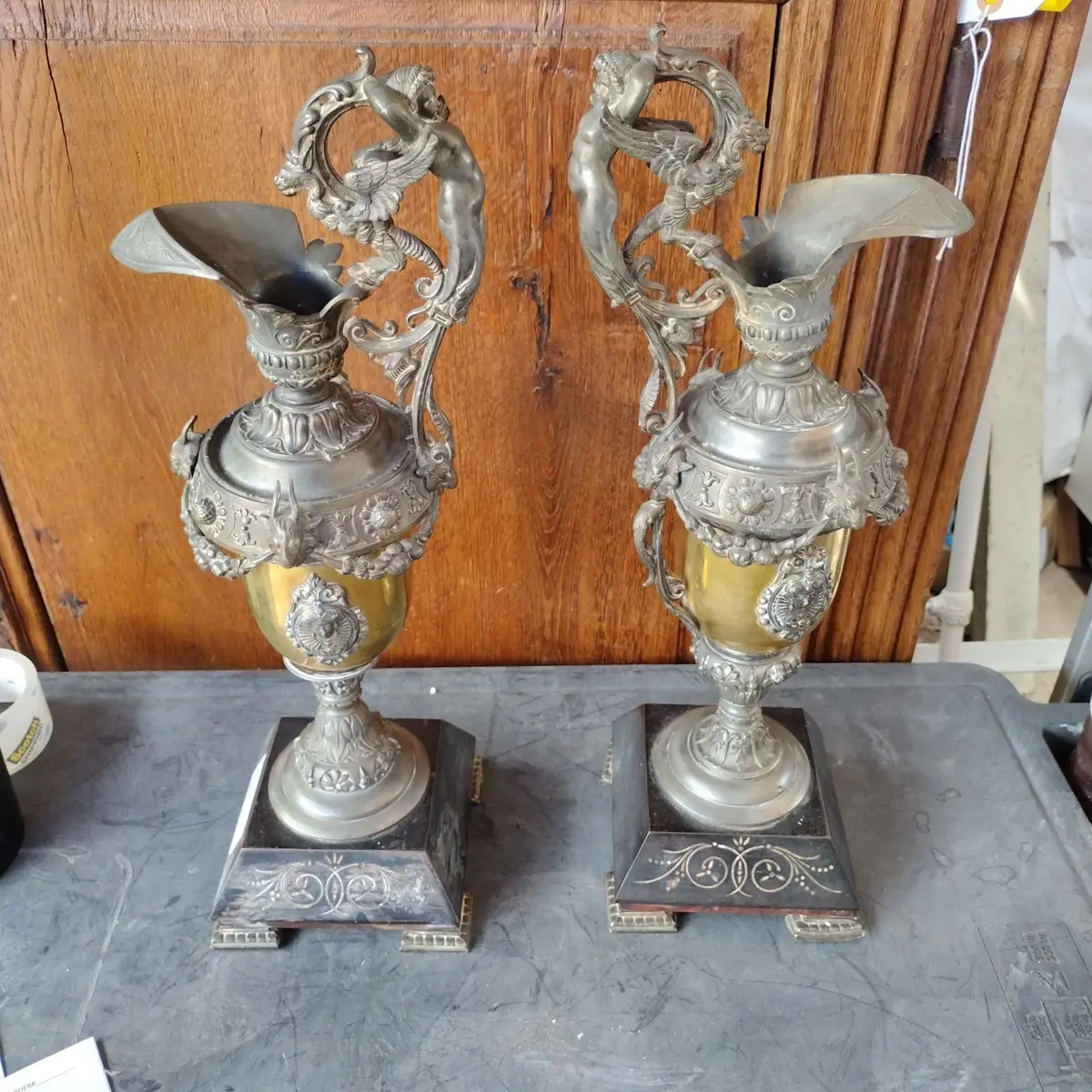 Pair Of Spelter Ewers With Ornate Details-As Found 1