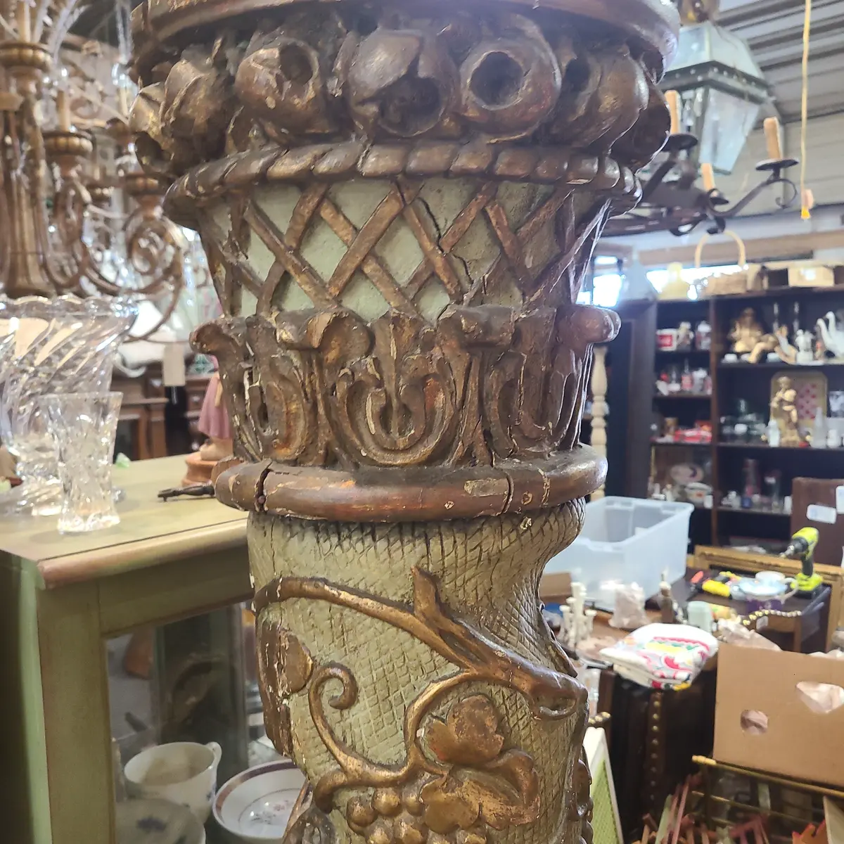 Carved Green Italian Grape Vine Carved Column With Gold Accents 1