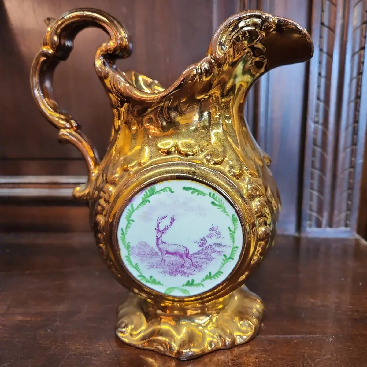 Copper Luster Pitcher With Stag And Clock Face 1