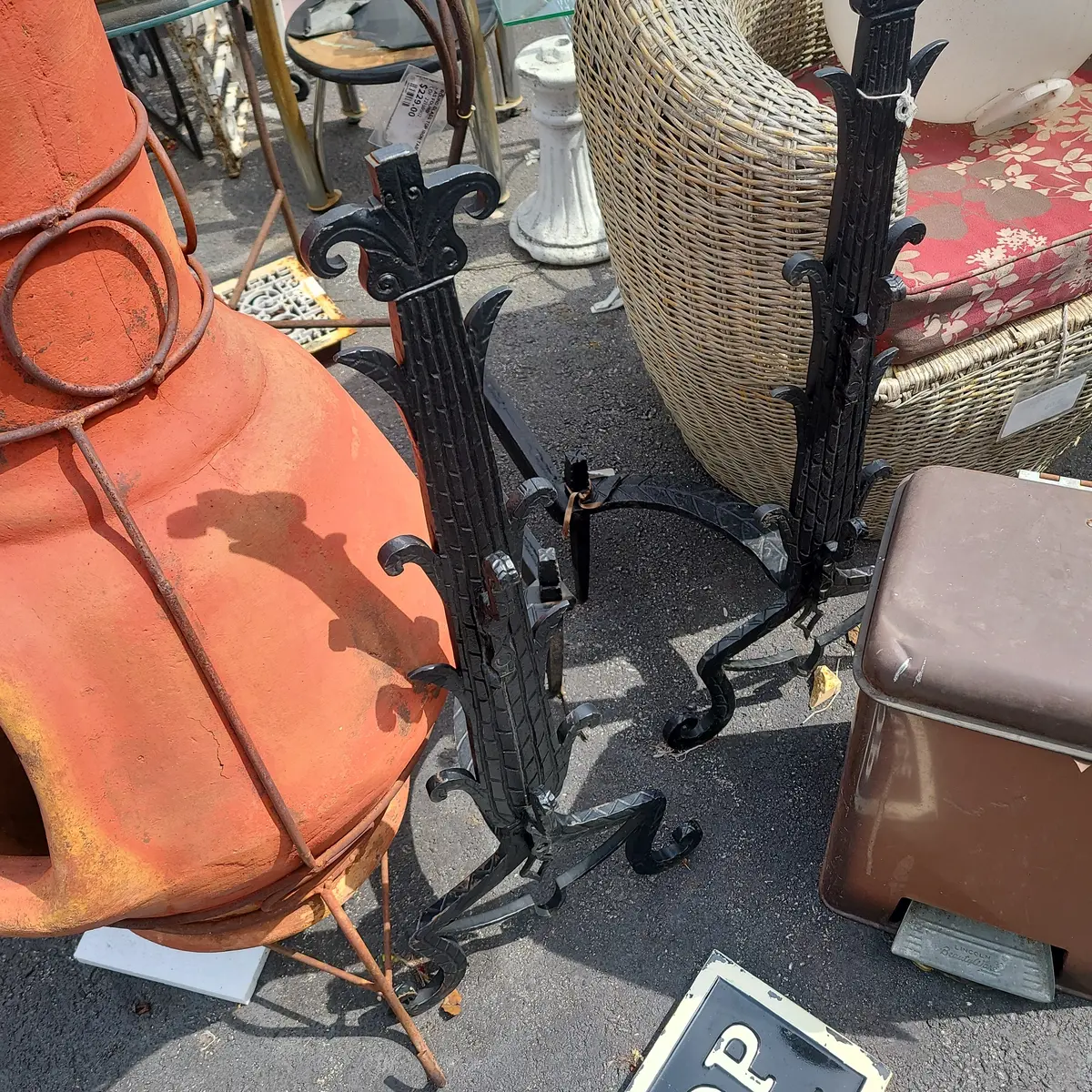 Pair Of Tall Flat Leaf Form Andirons 1