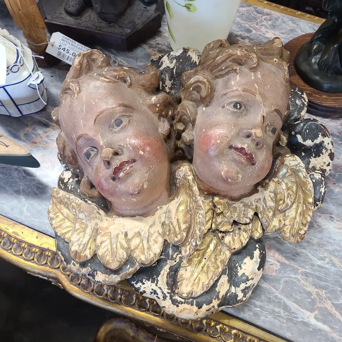 Carved 18Th Century Polychrome Cherubim Plaque 1