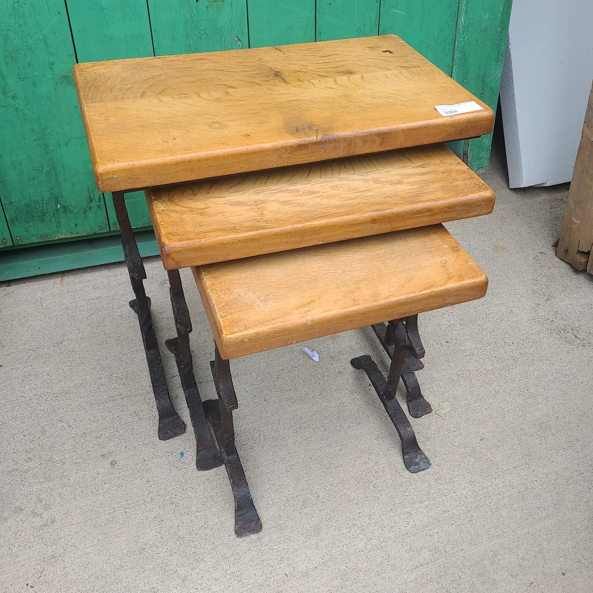 Set Of Iron And Oak Stacking Tablesa 1