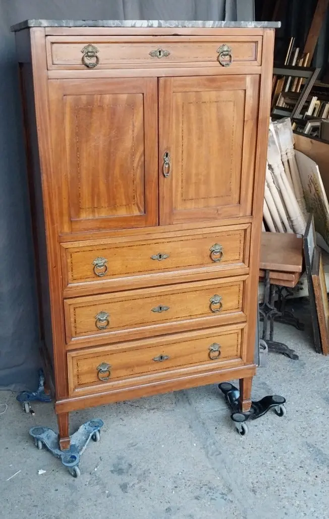 Narrow Marble Top Inlaid Cabinet With 4 Drawers And 2 Doors 1