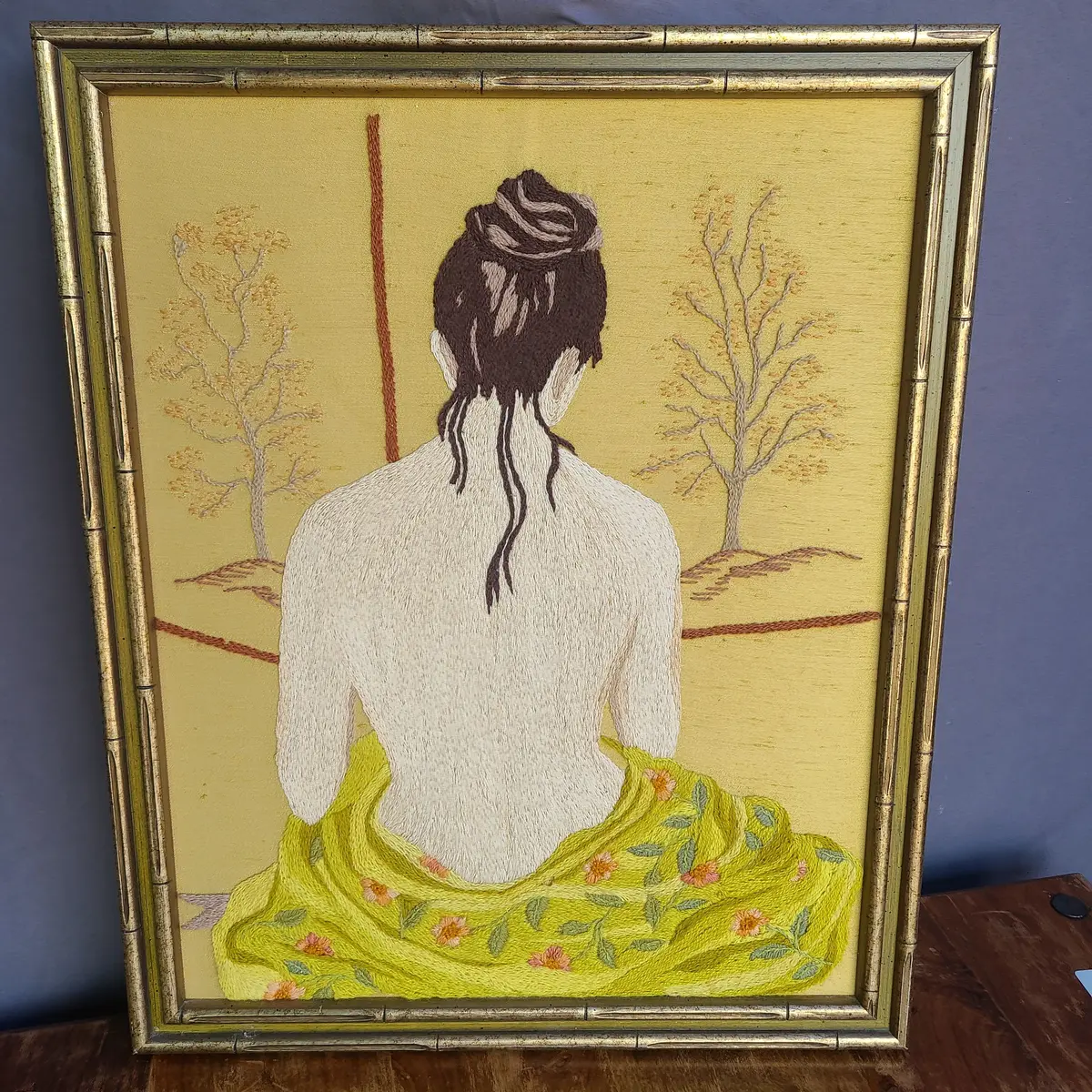 Crewel Work Lady In Bamboo Frame 1