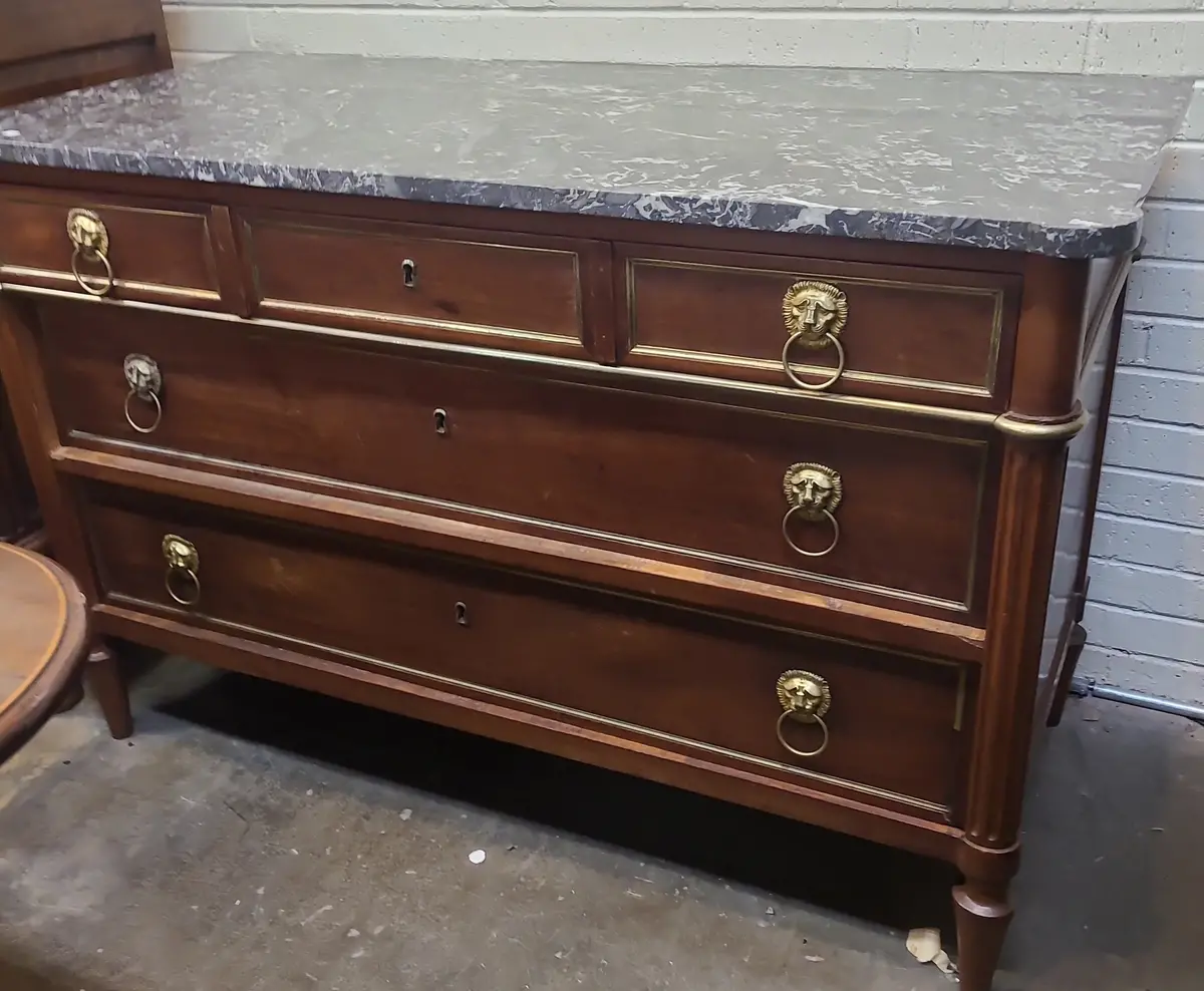 19Th Century Louis Xvi Grey And White Marble Top Chest With Brass Lion Drawer Pulls And Inlay 1