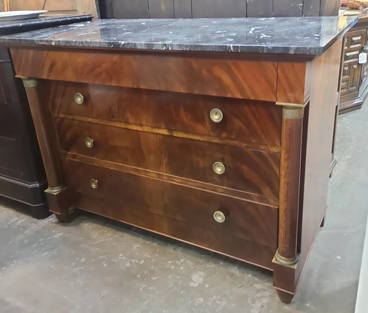 19Th Century Black Marble Top Empire Mahogany 4 Drawer Chest 1