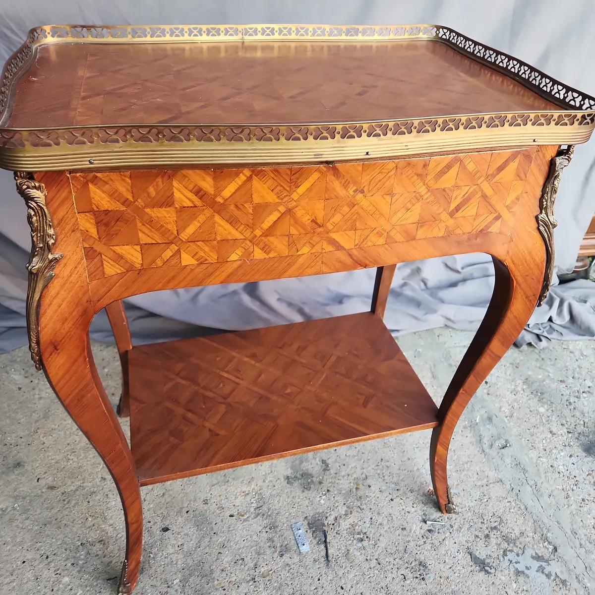 Galley Rail Marquetry Stand With Drawer-As Found Small Veneer Piece Missing 1