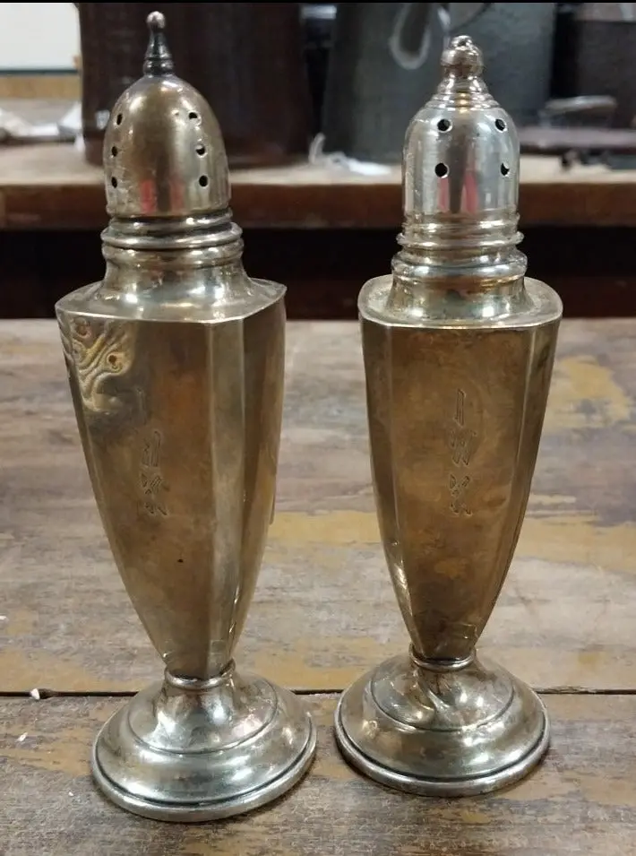 Set Of Tall Sterling Silver Salt And Peppper Shakers- As Found 1
