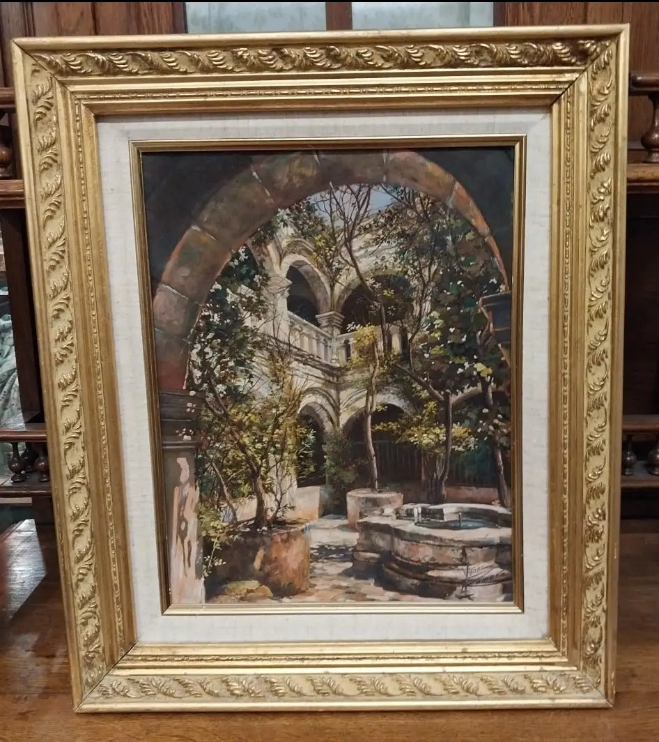 Framed Courtyard Oil Painting-Signed 1