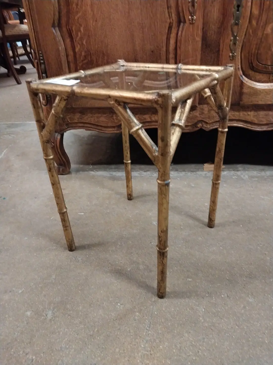Small Glass Top Gilt Metal Faux Bamboo Glass Top Stand 1