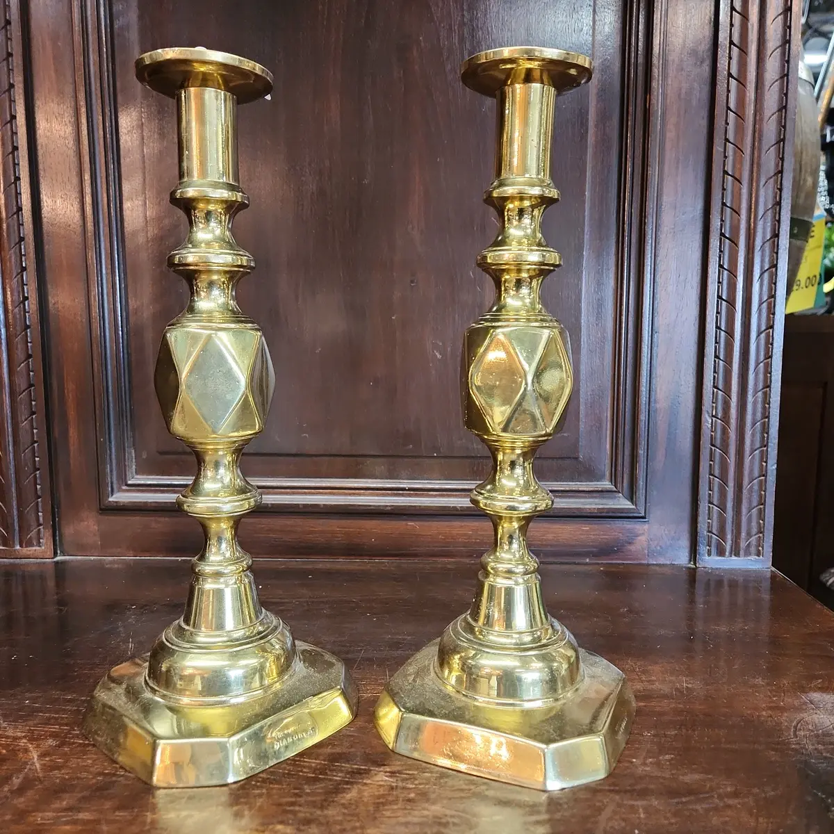 Pair Primitive Large Early Brass Pushup Candlesticks 1