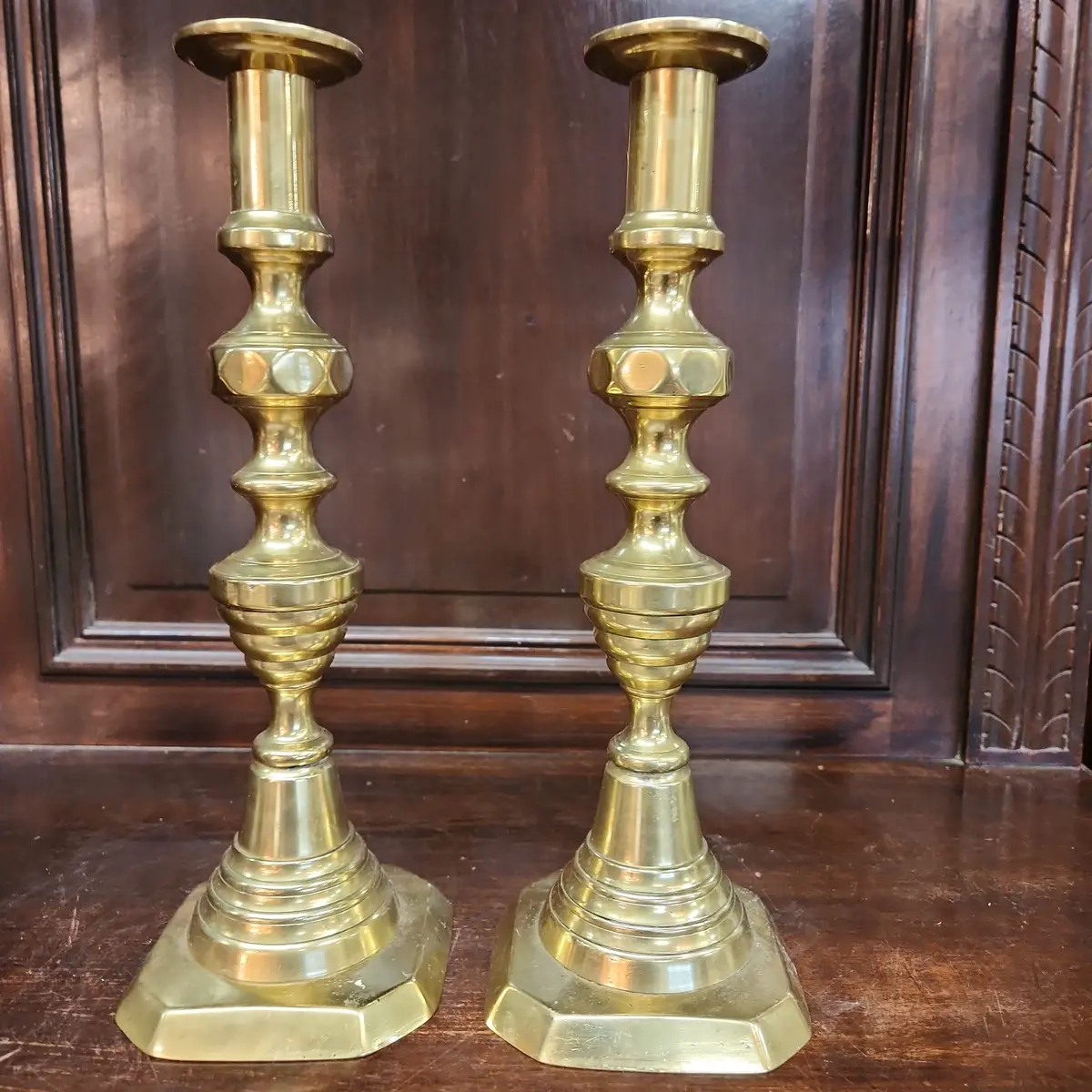Early Brass Primitive Push Up Candlesticks Pair 1
