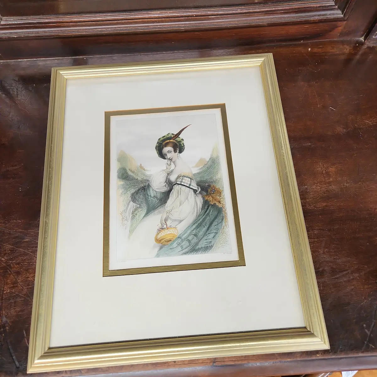 Hand Colored Lady Etching In Gilt Frame 1