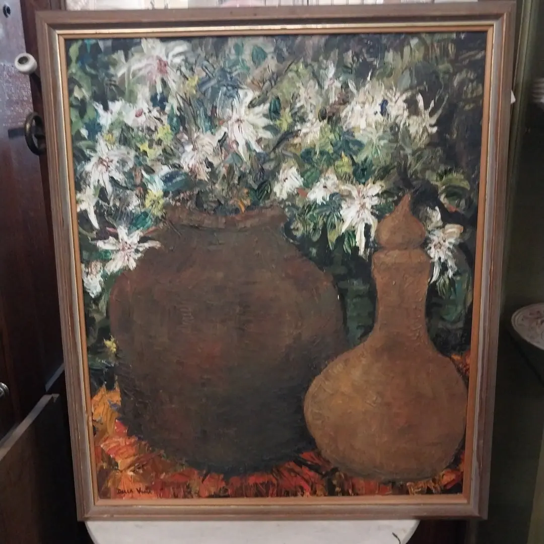 Still Life Oil Painting With Pottery Vessels With White Lilie By Della Vona 1