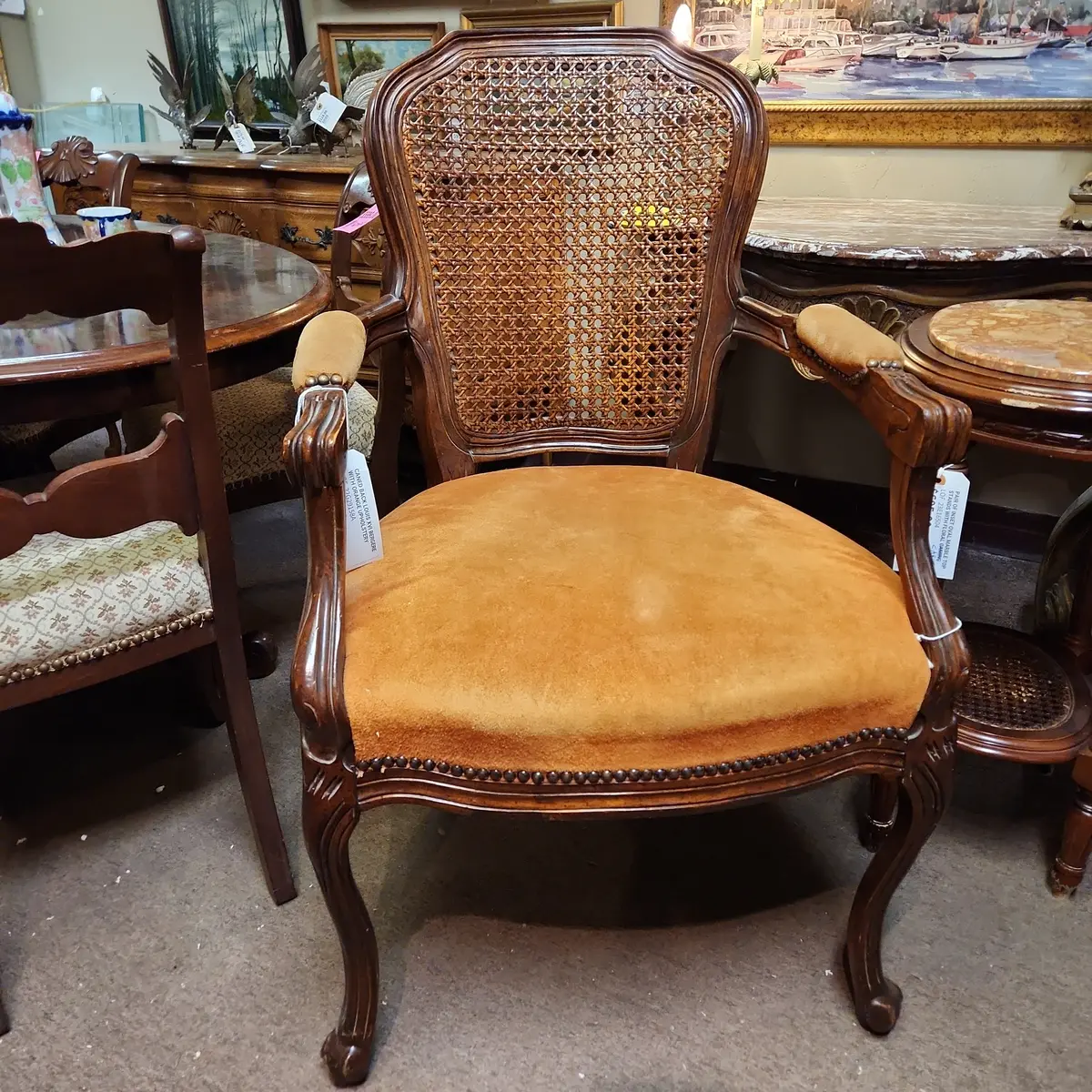 Caned Back Louis Xvi Bergere With Orange Upholstery 1