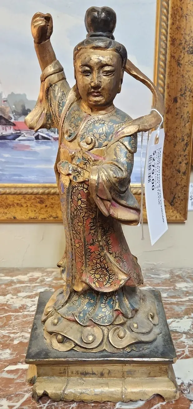 Large Antique Polychrome Carved Lady Statue 1