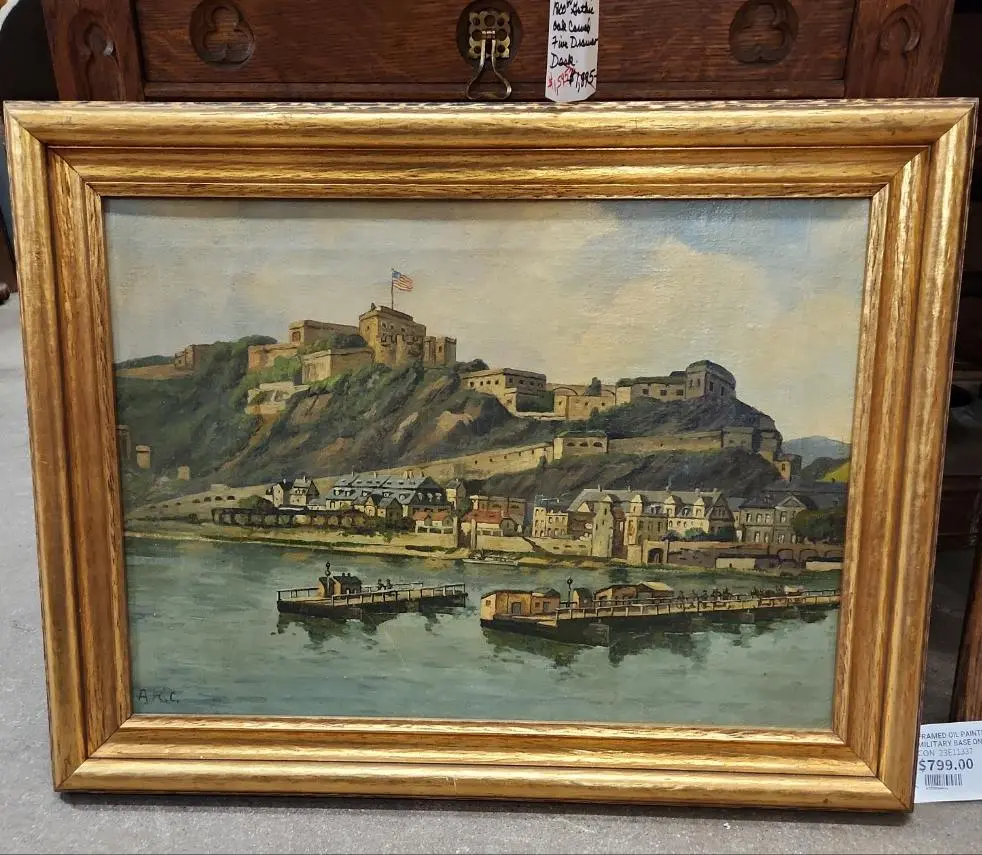 Framed Oil Painting Of A Us Military Base On The Water 1