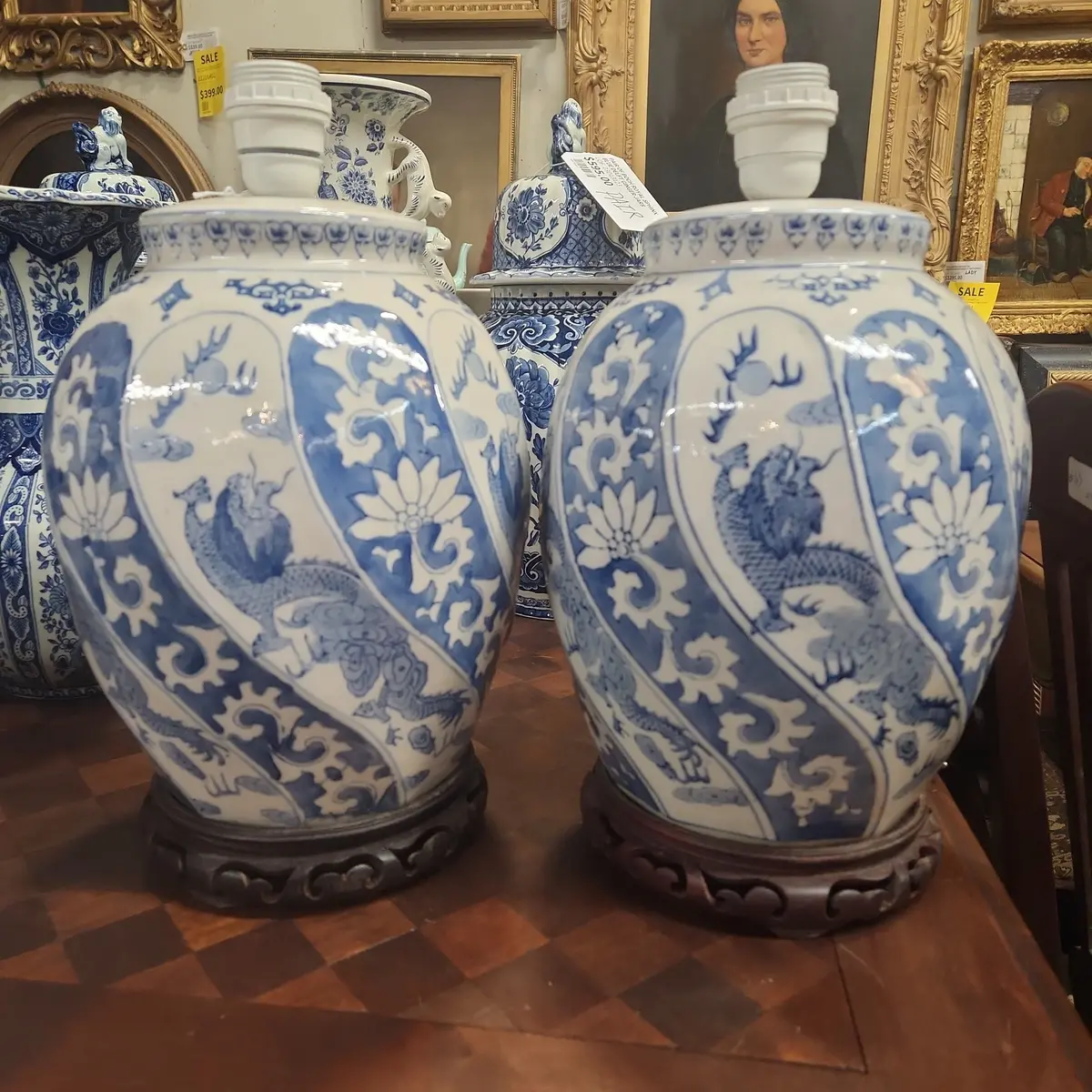 Pair Of Blue And White Ceramic Chinese Dragon  Table Lamps 1
