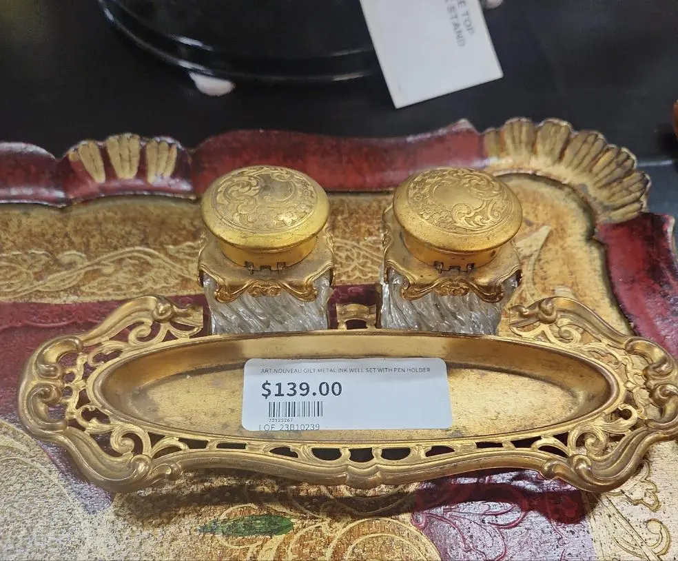 Art Nouveau Gilt Metal Ink Well Set With Pen Holder 1