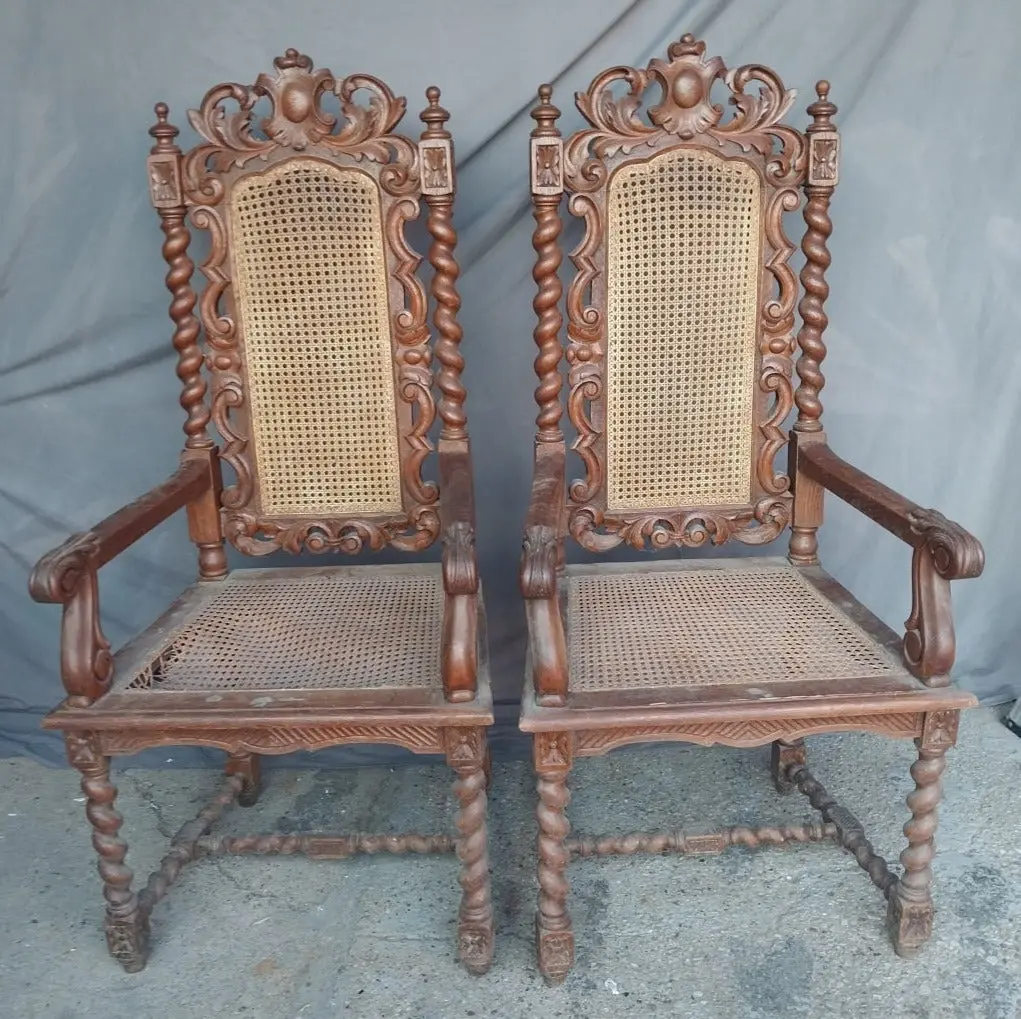 Pair Of Barley Twist Carved Arm Chairs With Caned Seats 1