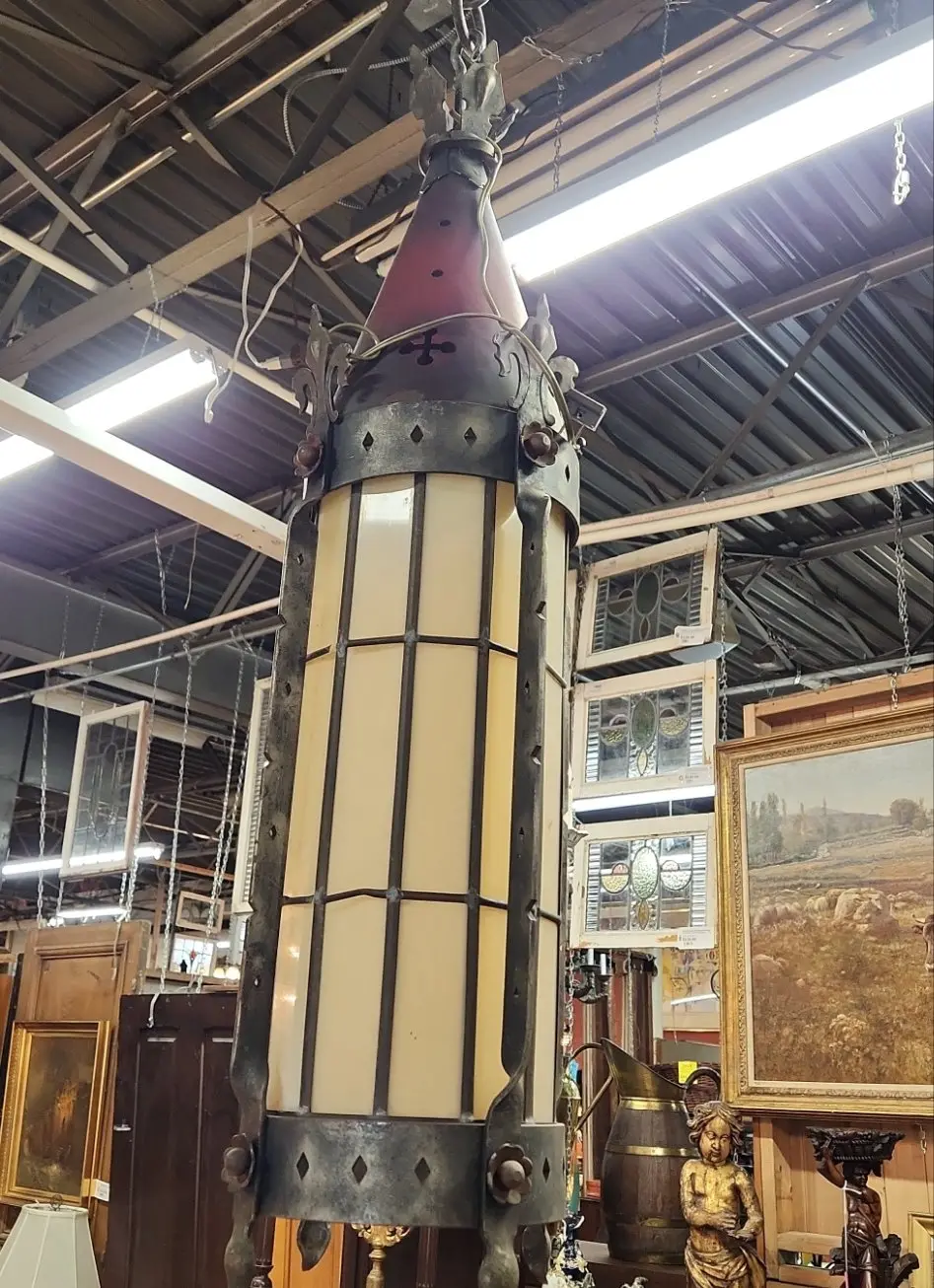 Pair Of Gothic Slender Lanterns With Colored Glass 1
