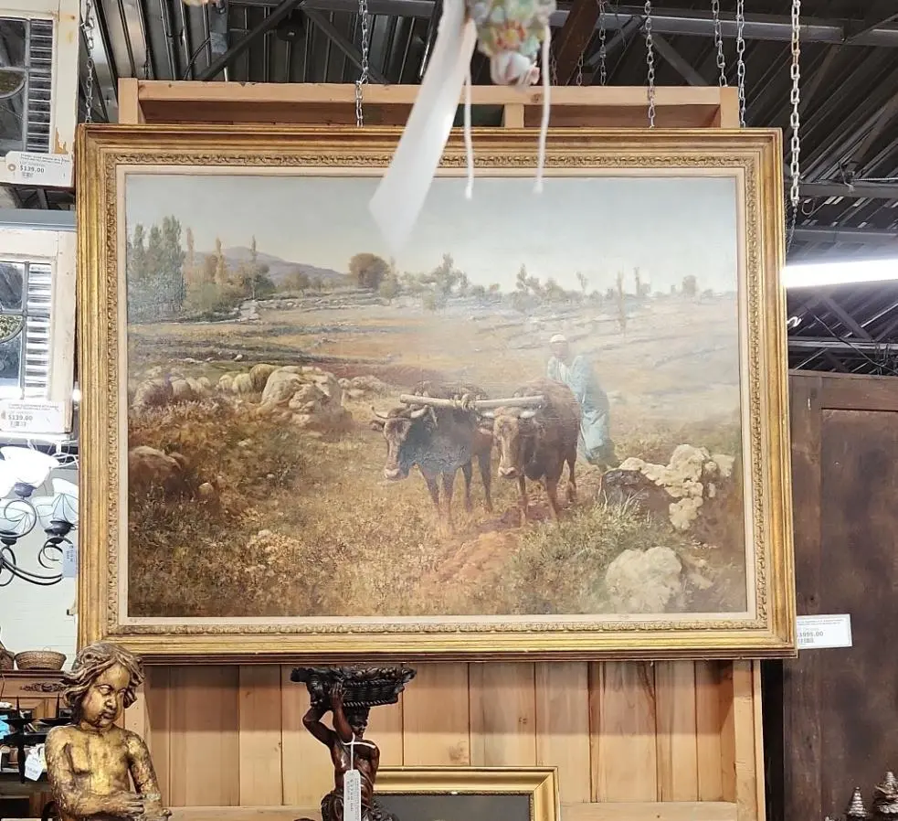 Huge Oil Painting Of A Turkish Farmer Plowing The Fields By Edward Mills 1