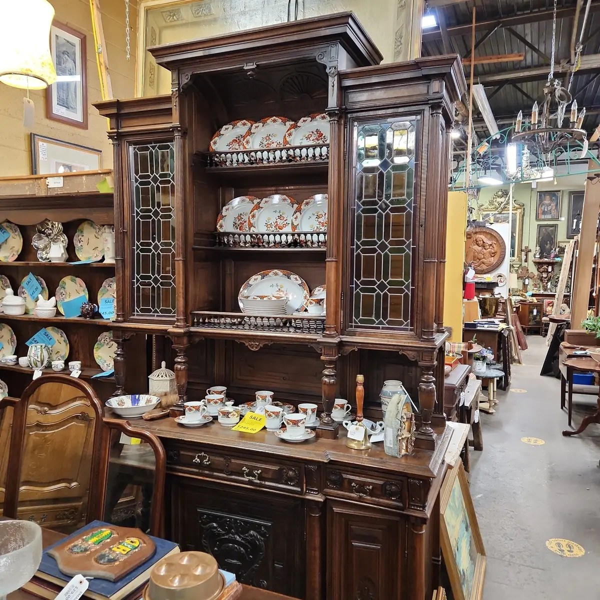 Walnut Stained Glass Hunt Board Cabinet Or Sideboard 1