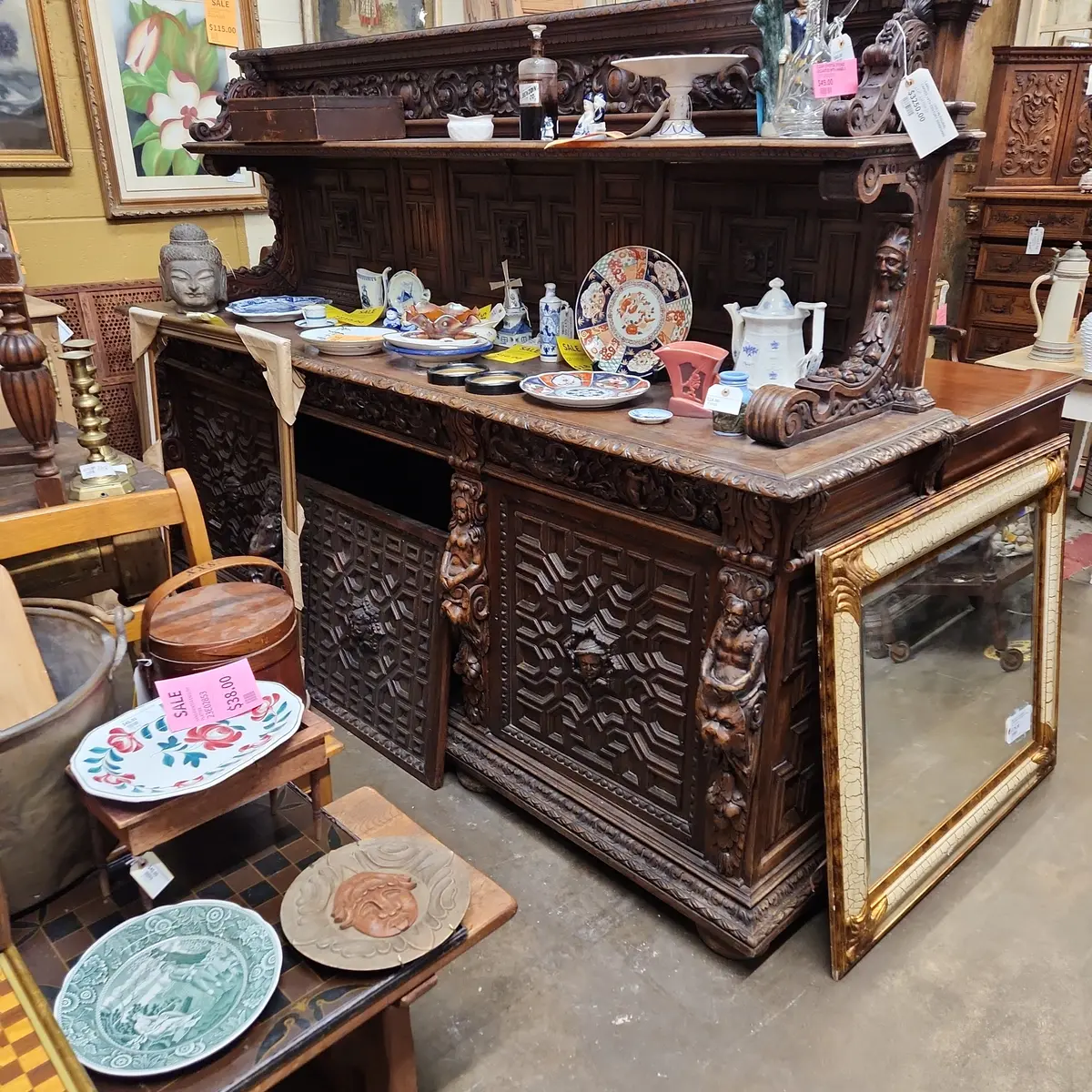Large Oak Mechillin Figural Carved 19Th Century Sideboard 1