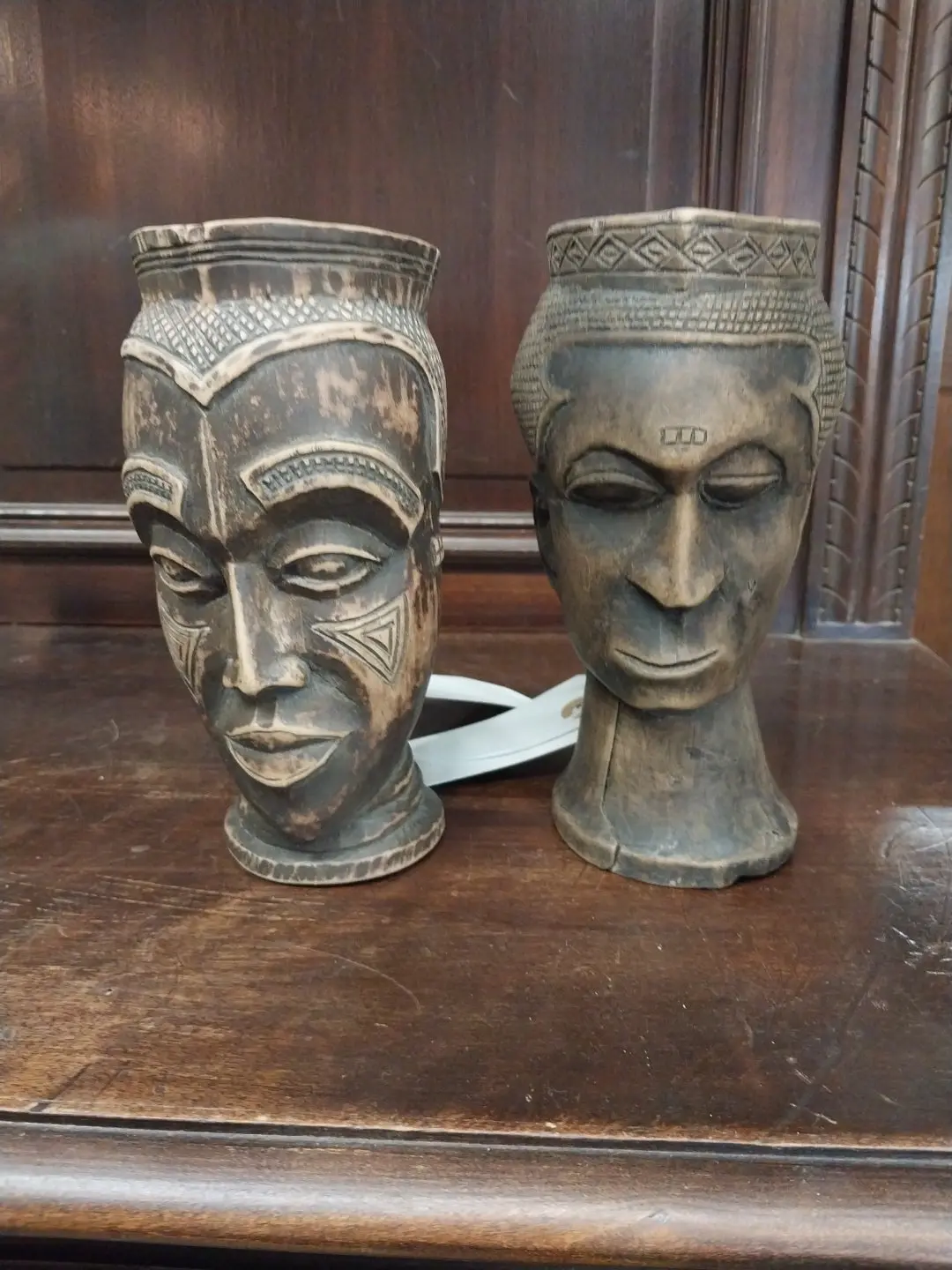Pair Of African Carved Wood Face Mugs 1