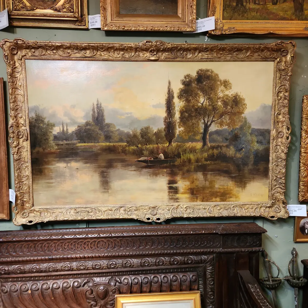 Huge Framed English Landscape Oil Painting Canvas With Trees On A Lake By Phillips 1