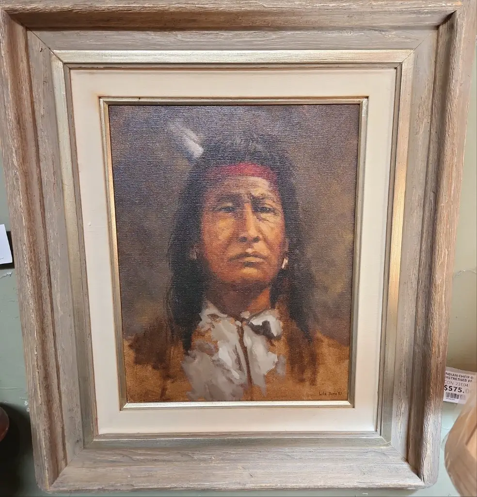 Indian Cheif Oil Painting In Distressed Frame By Lila June 1