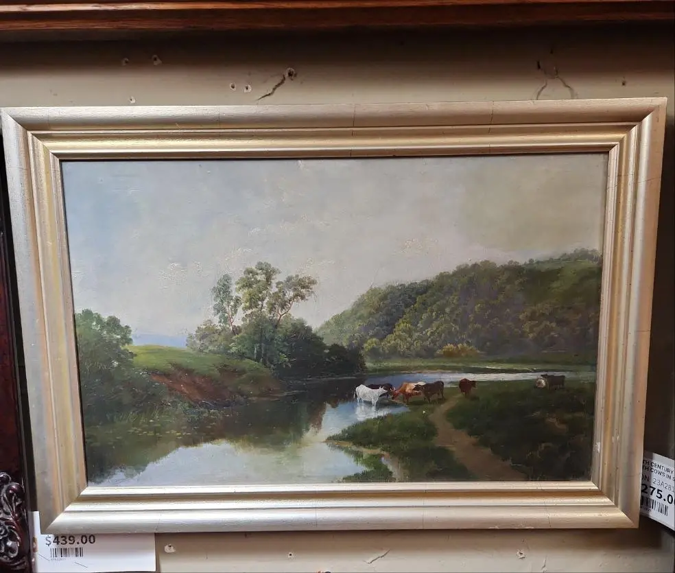 19Th Century Bucolic Oil Painting With Cows In Silver Frame 1