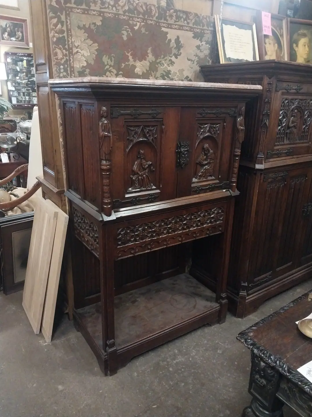 Marble Top Gothic Oak Tracery Carved Credence Cabinet 1