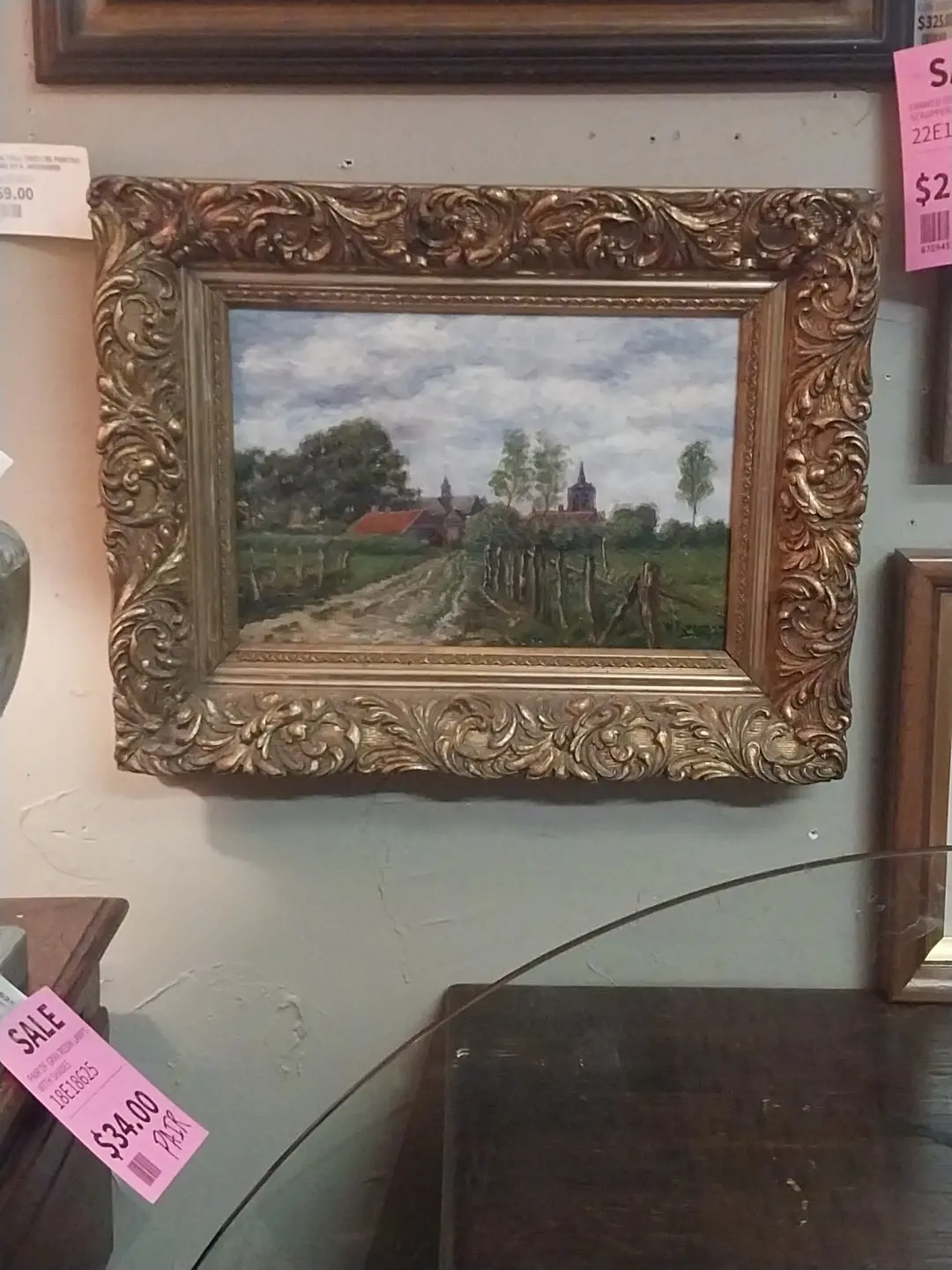 Rustic Oil Painting "Church In The Country" In Ornaye Gilt Frame 1