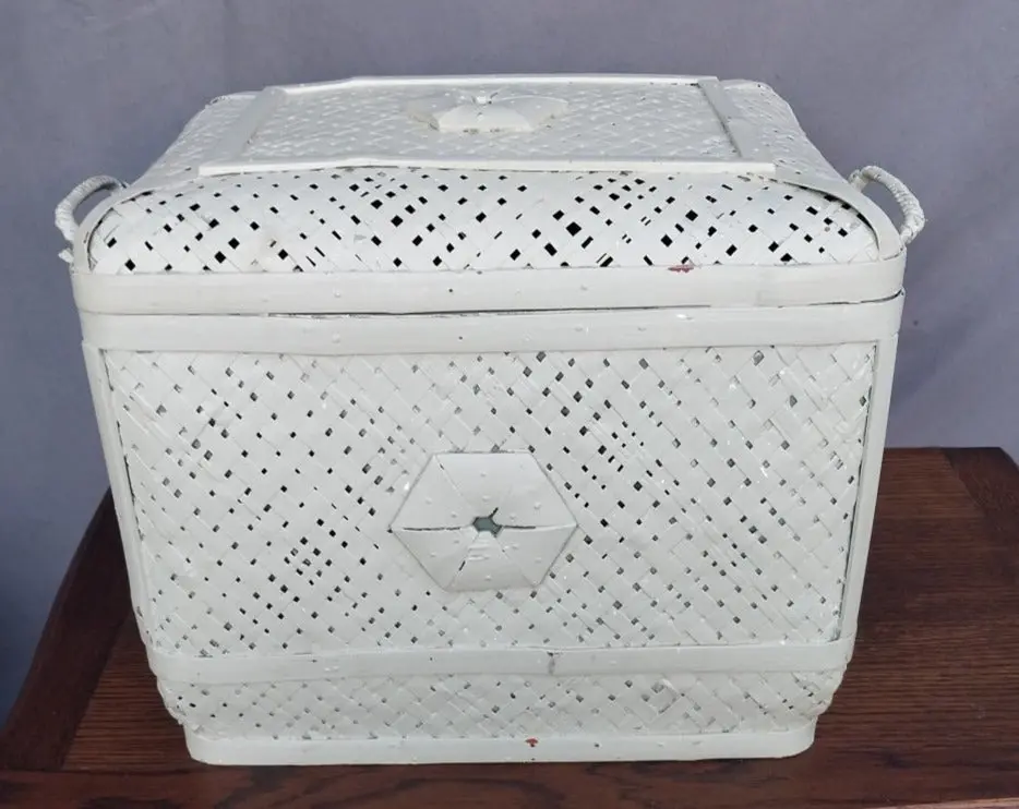 Green Painted Cane Basket With Lid 1