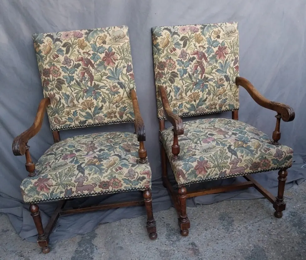 Pair Of Louis Xiii Walnut Feather Carved Arm Chairs 1