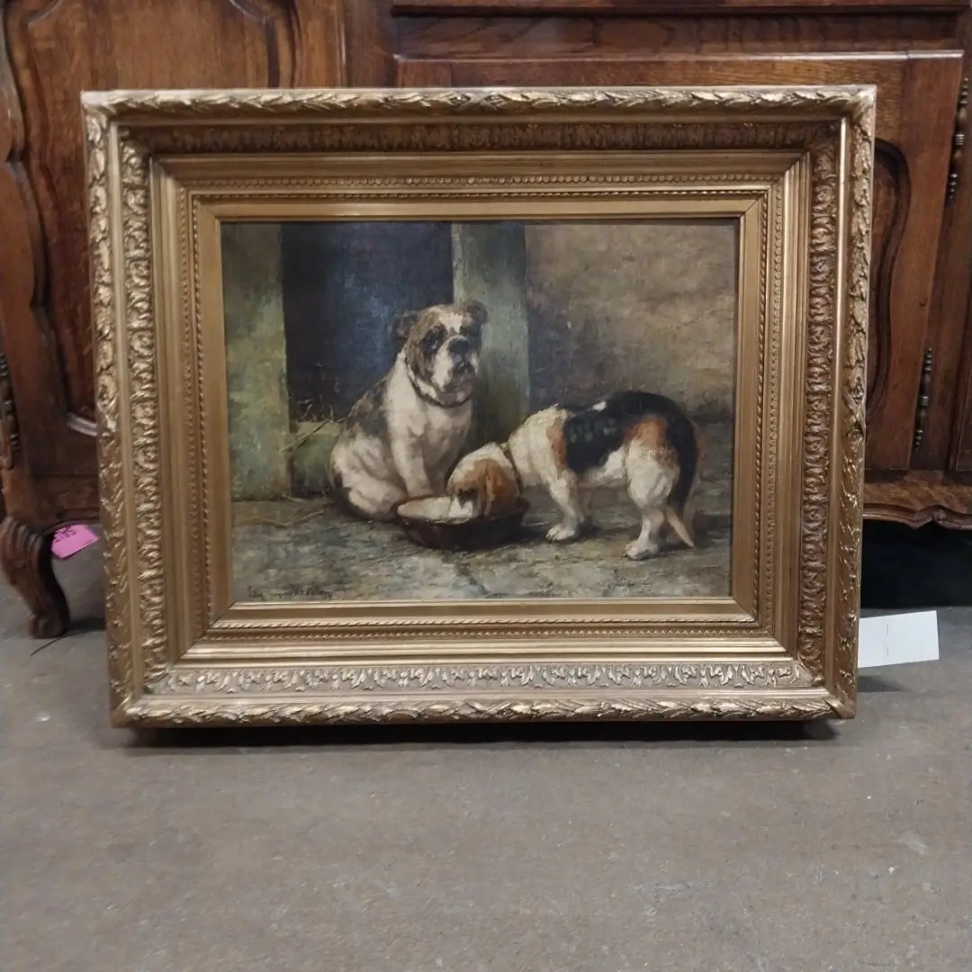 Gold Framed Oil Painting Of 2 Dogs Signed Meulen 1