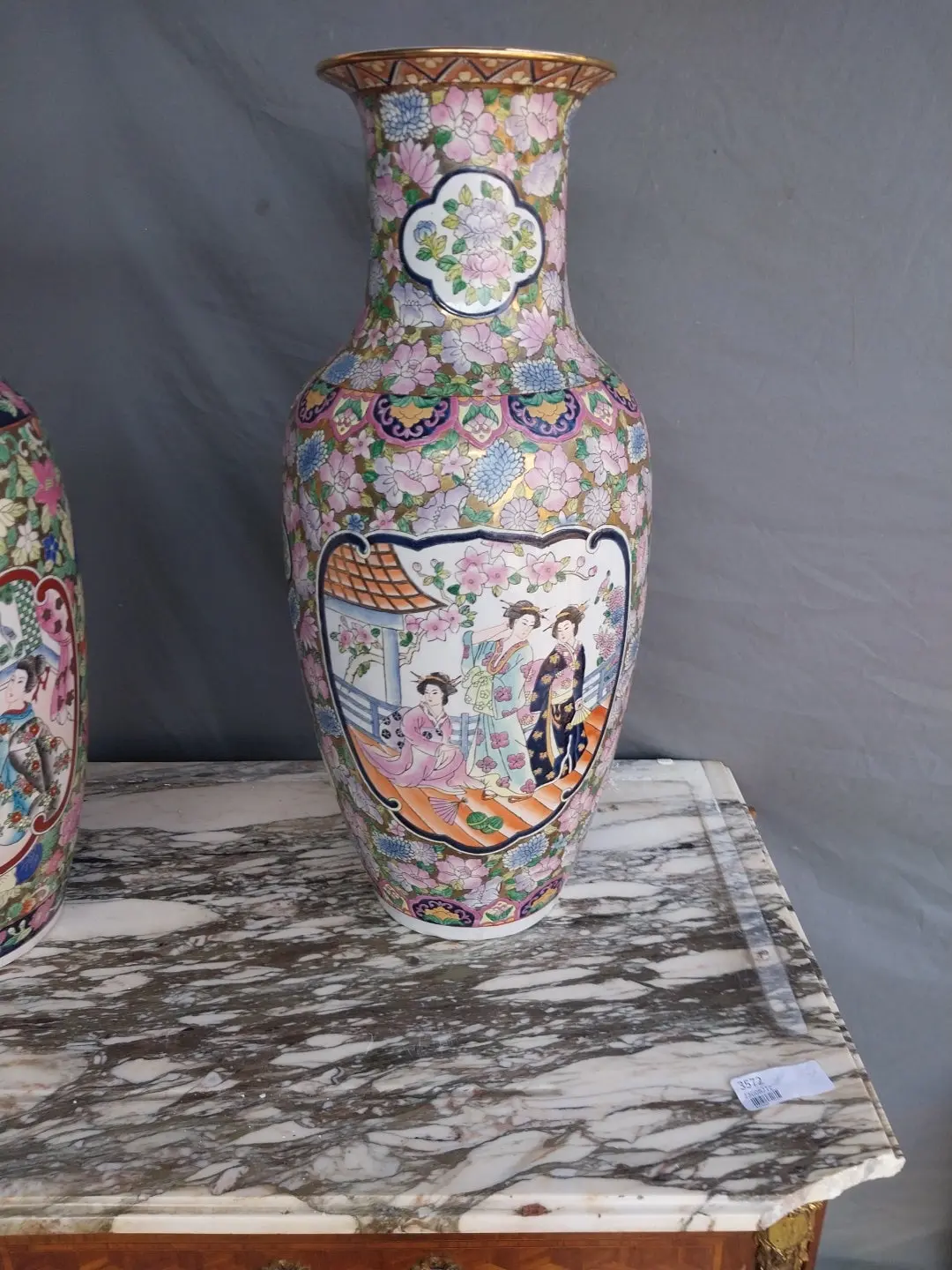 Tall Polychrome Japanese Vase Wth Ladies 1