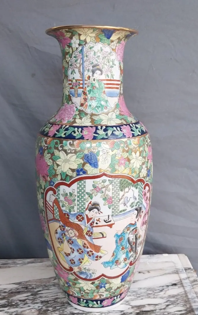 Tall Polychrome Japanese Vases Wth Ladies -Green 1