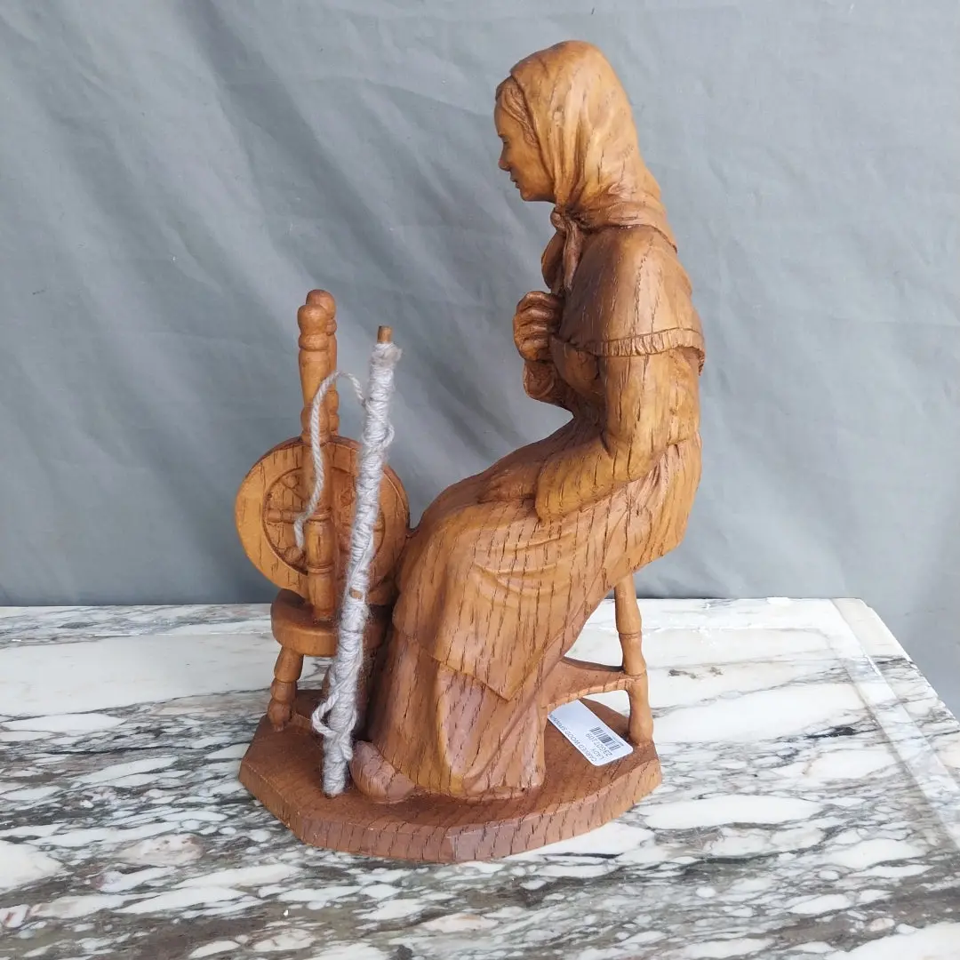 Carved Wood Spinning Wheel Lady Faux Wood 1