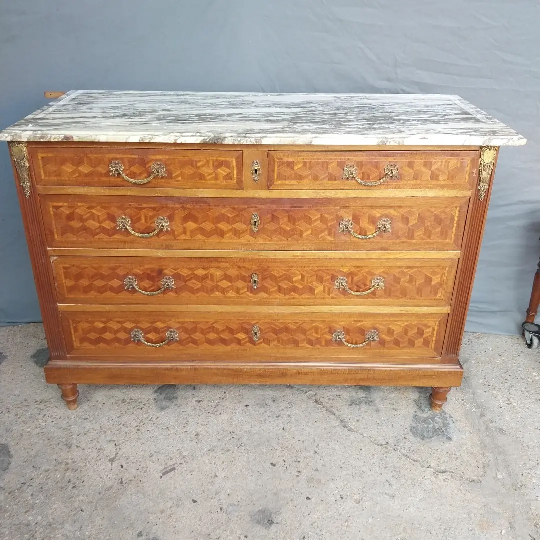 Inlaid Parquetry French Dresser Chest With Marble Top 1