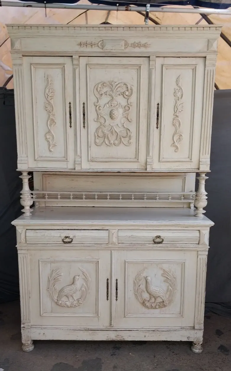 Painted White Huntboard With Carved Birds 1