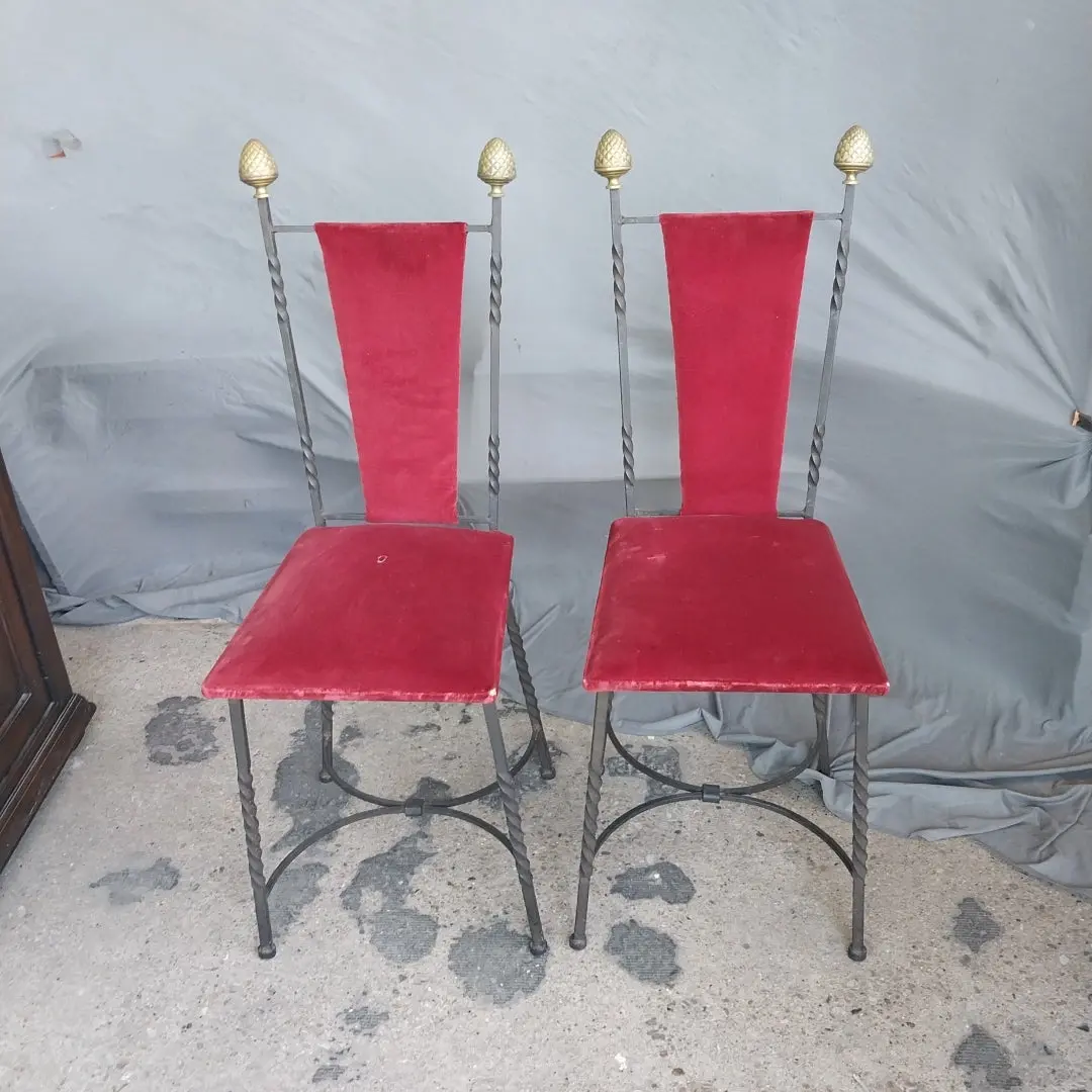 Pair Of Vintage Petite Iron Chairs With Brass Finials 1