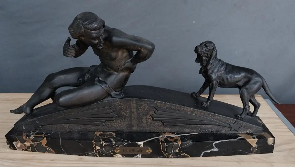 Spelter Art Deco Figure With Dog On Marble 1