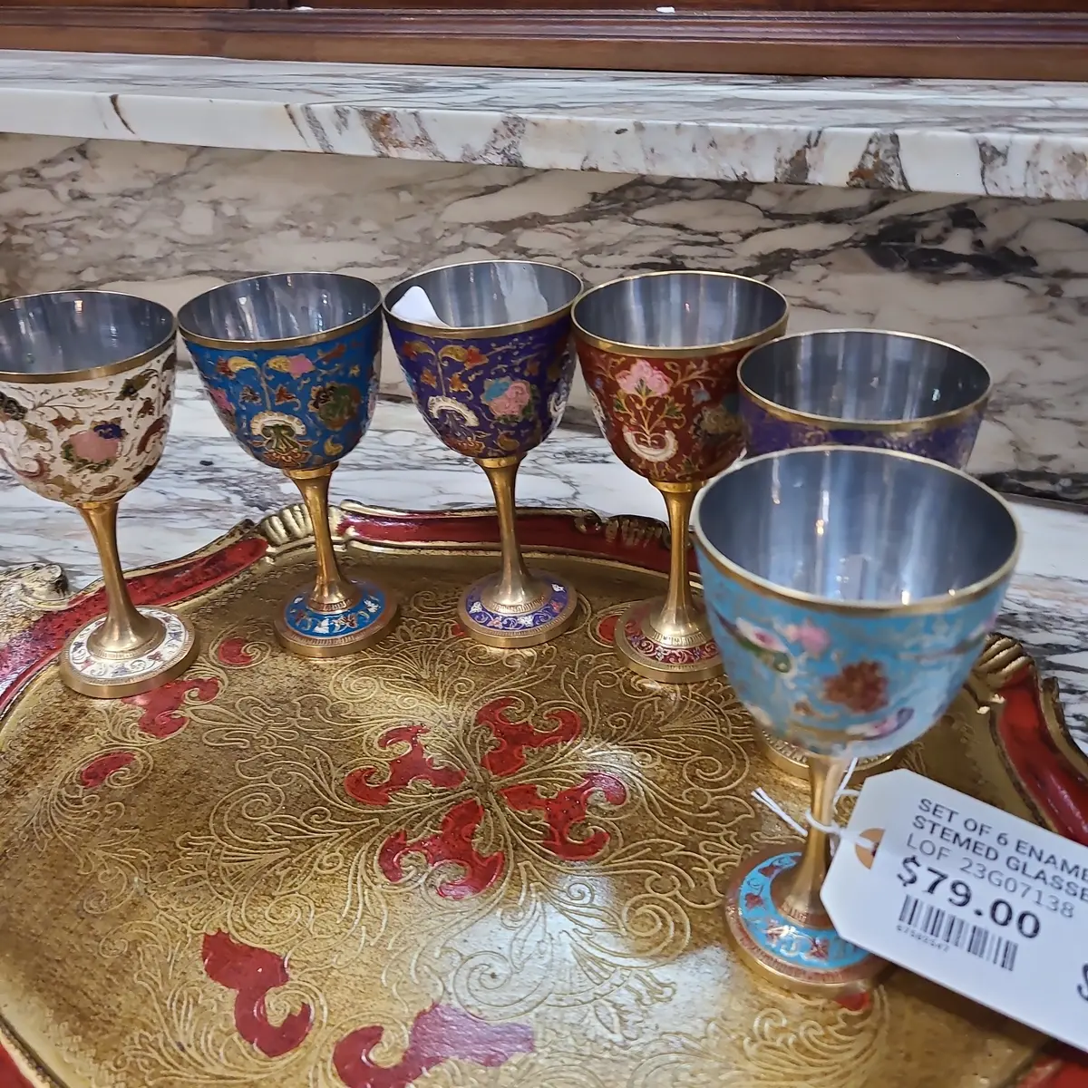 Set Of 6 Enameled Brass Stemed Glasses 1