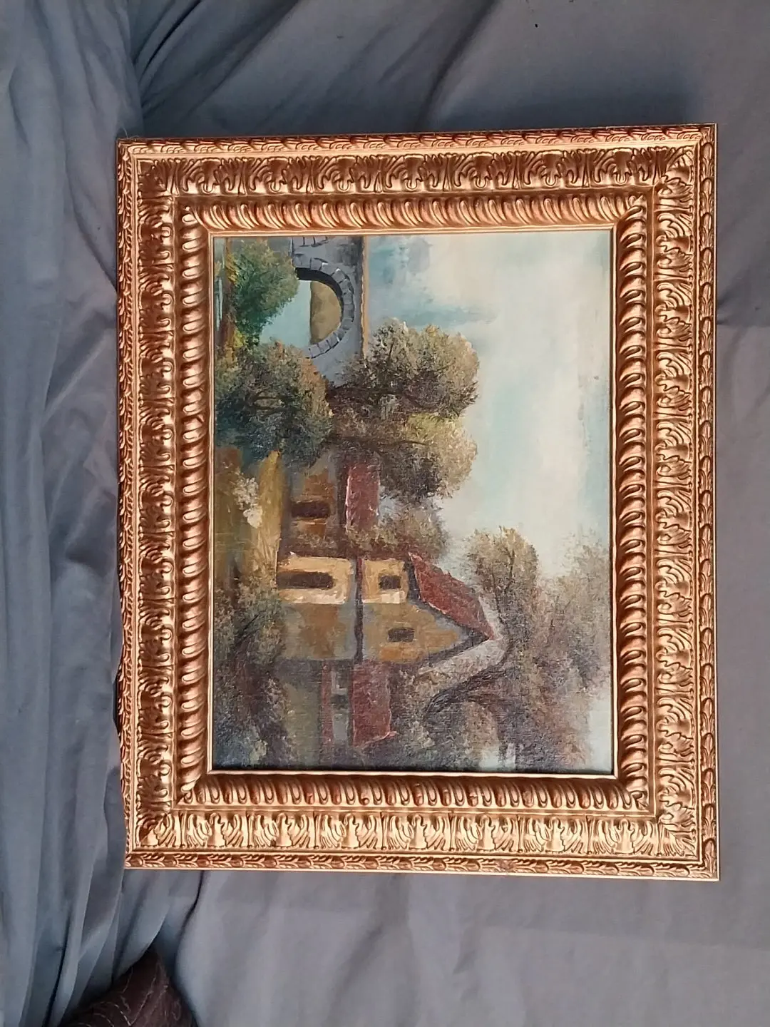 Small Ornate Framed Cottage Oil Painting With Bridge 1