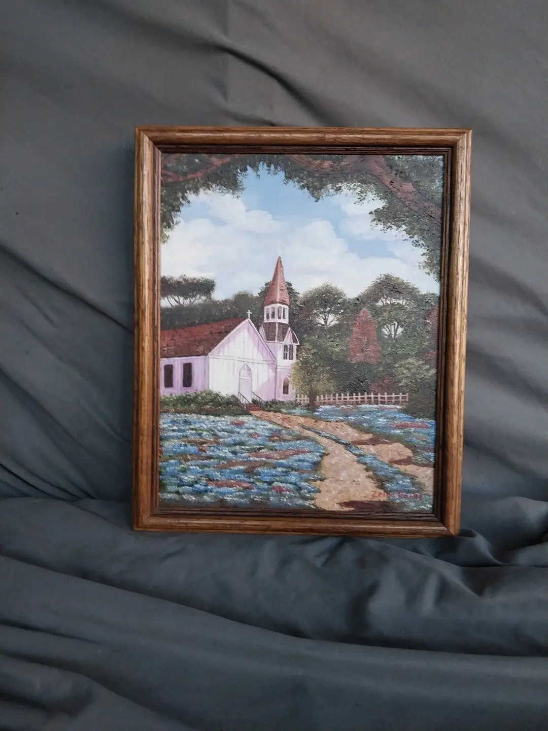 Small Framed Oil Painting Of Church With Bluebonnets 1